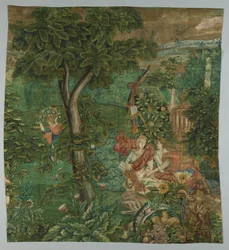 Ein auf grobem Jute gemaltes Wandbild, mit einer Darstellung von Diana in einer Waldlandschaft